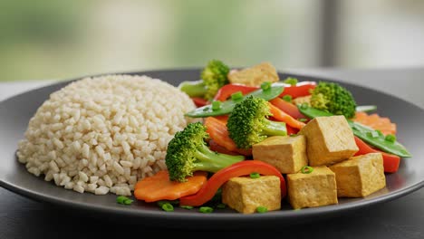 a colorful and nutritious plant-based meal featuring tofu, vibrant vegetables, and fluffy brown rice served on a sleek plate