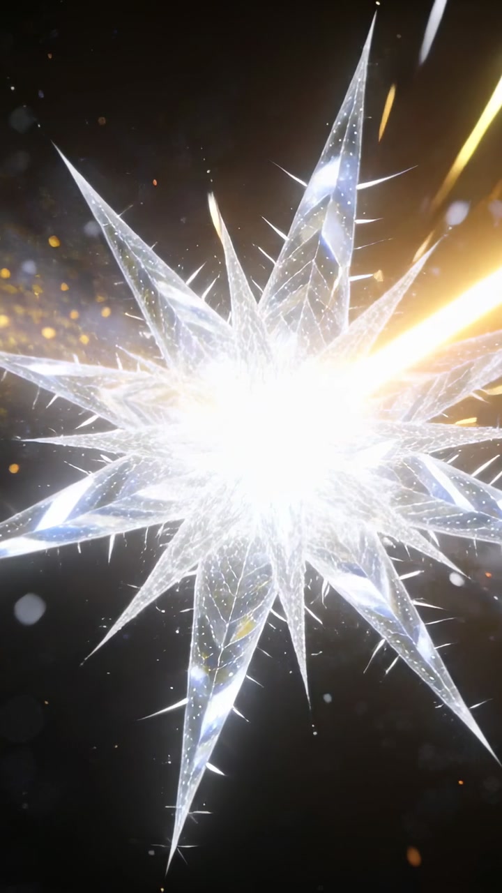 Faceted star rotating bending light as warm streaks cross, emitting particles showing core for tech