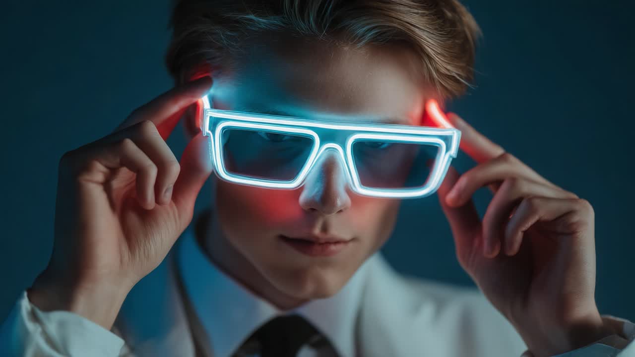 A Stylish Young Individual Wearing Illuminated Neon Sunglasses Poses Intensely, Showcasing Innovative Fashion and Modern Accessories in a Dramatic Lighting Setting