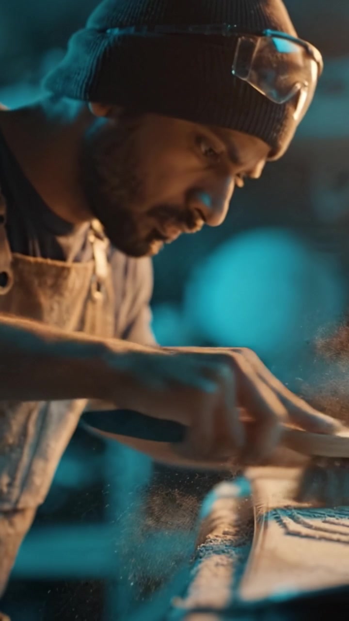 Craftsman Focuses Intently on Woodworking Process, Creating Artistry with Each Stroke of His Brush in an Ambient Workshop Filled with Blue Tones