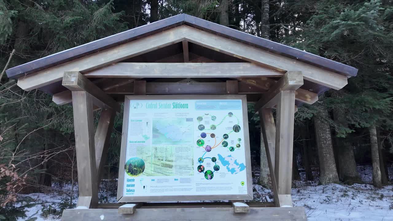 Cartello informativo all'ingresso: mappa e informazioni sulla foresta vergine Codrii Seculari Slătioara in un bosco invernale innevato, Romania