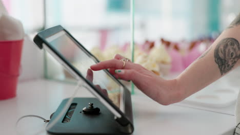 cashier hand, typing and transaction in shop