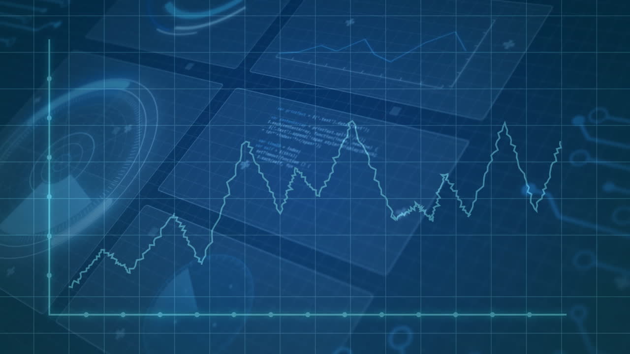 animación de gráficos de datos financieros sobre fondo técnico azul con gráficos y cuadrículas