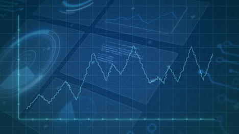 financial data chart animation over blue technical background with graphs and grids