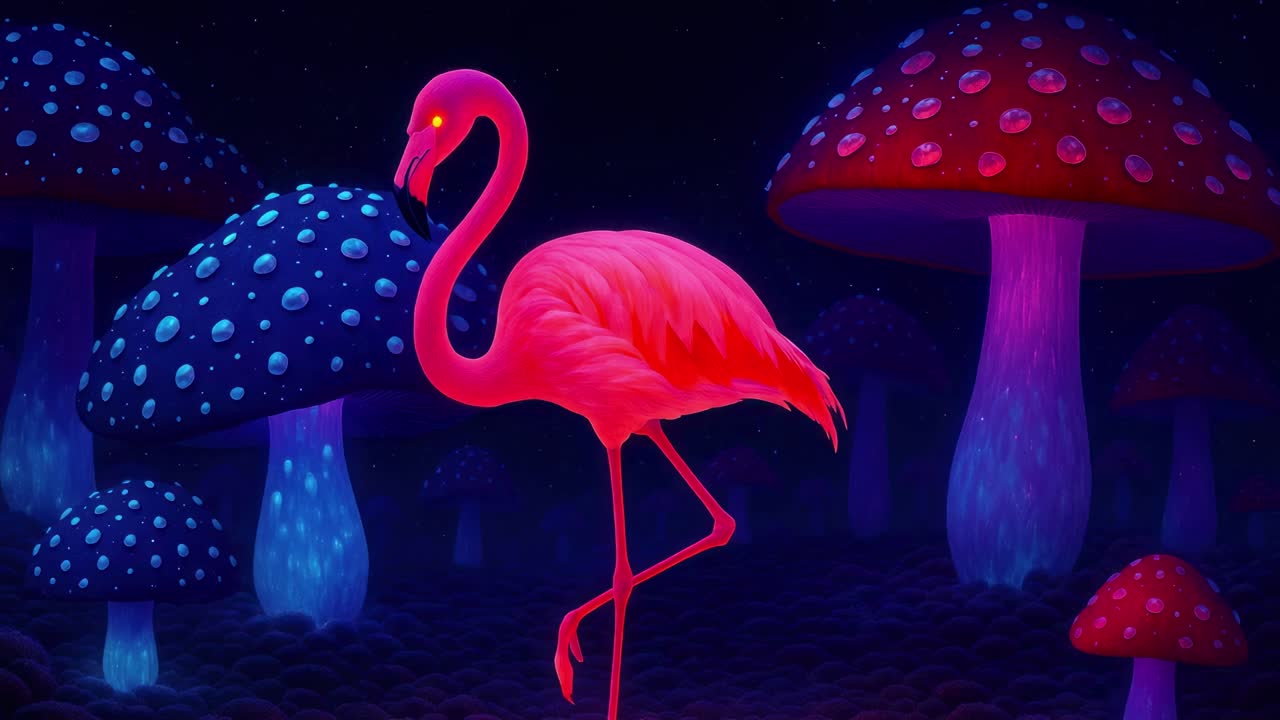 A neon flamingo stands among glowing mushrooms in a surreal, dreamlike scene