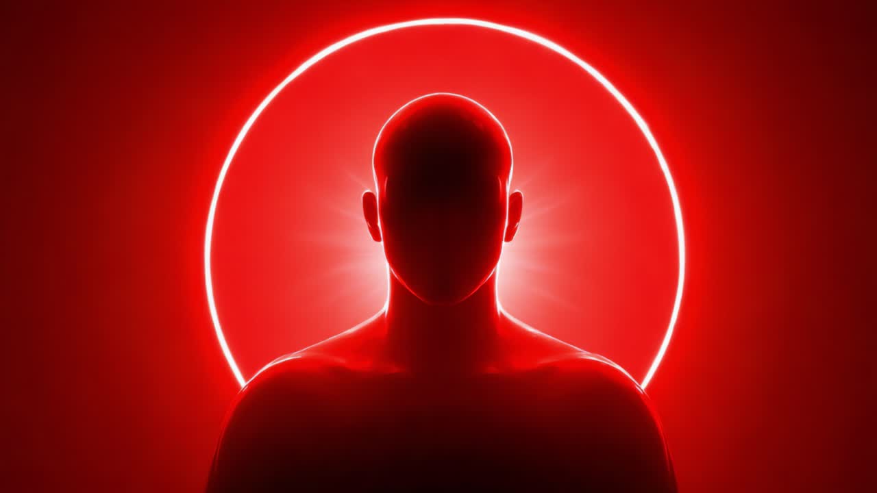A hauntingly mesmerizing silhouette of a headless figure against a vibrant red background, enveloped in a glowing halo that radiates a surreal and intense atmosphere, captivating the viewer's imagination and emotions