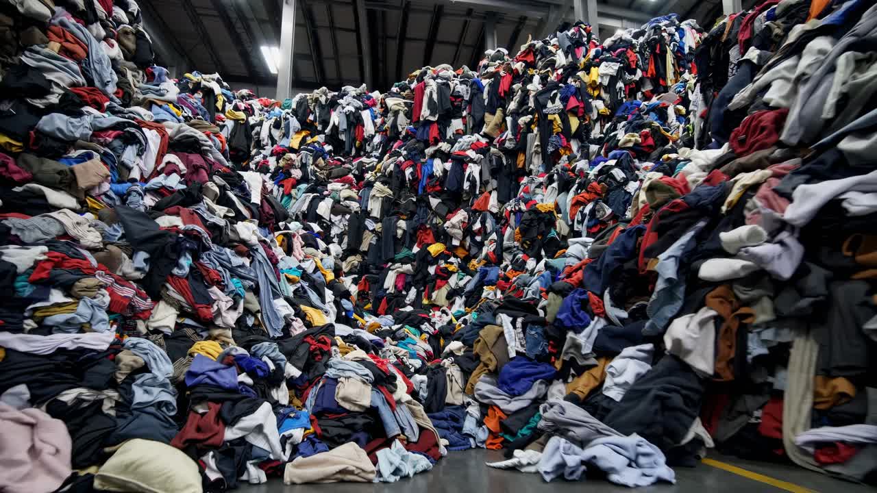 Low-angle shot of massive piles of colorful clothes in a warehouse, highlighting the scale