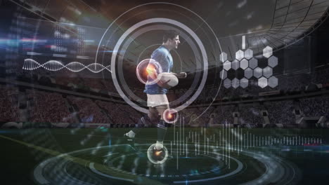 animación de la cadena de adn y procesamiento de datos sobre un jugador de rugby en un estadio deportivo