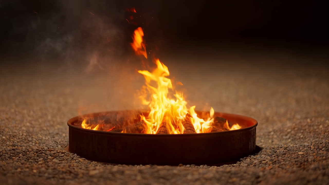 Closeup Bonfire Burning In Metal Ring, Orange Flames Licking Upward Over Glowing Embers On Gravel Surface,