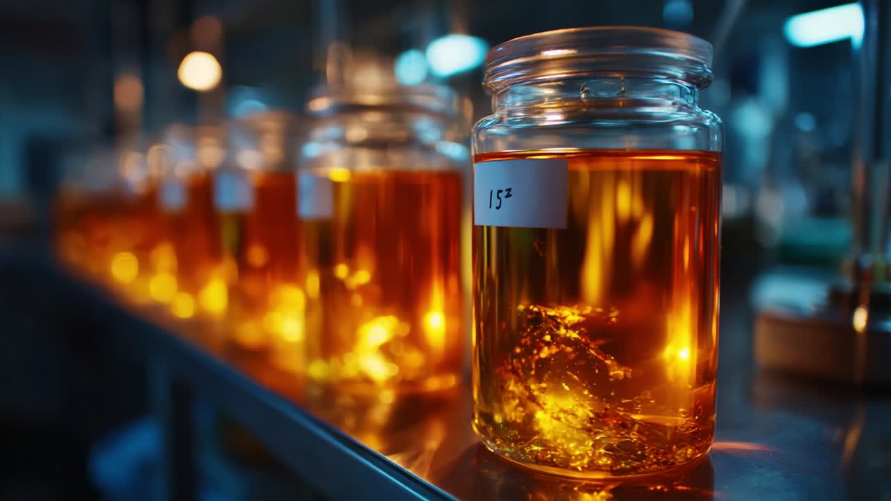 A Close-Up View of Glass Jars Filled with Golden Liquid, Showcasing Vivid Color and Bubbles with Detailed Labels Indicating Measurements, Capturing the Essence of a Laboratory Setup in Dim Lighting