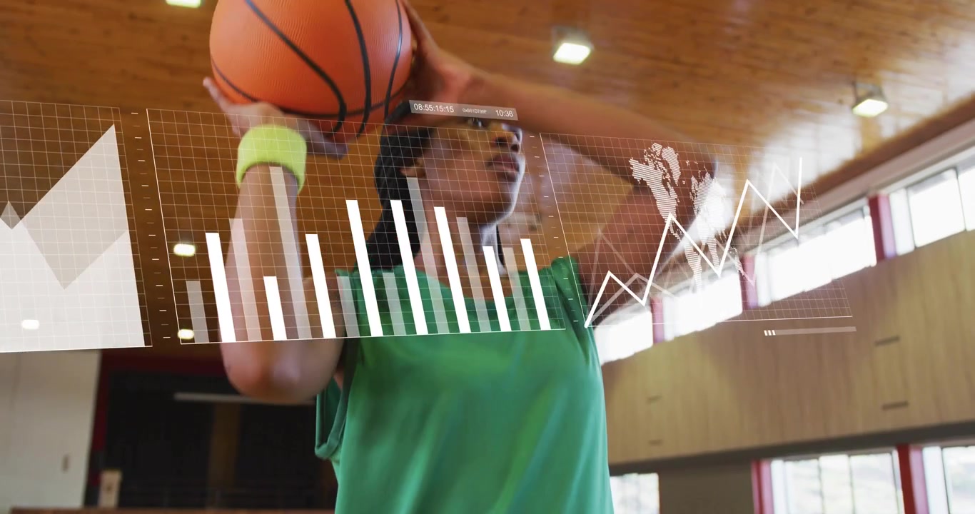 female athlete dribbling ball in gym causing tech analytics graphs forming shot probability chart