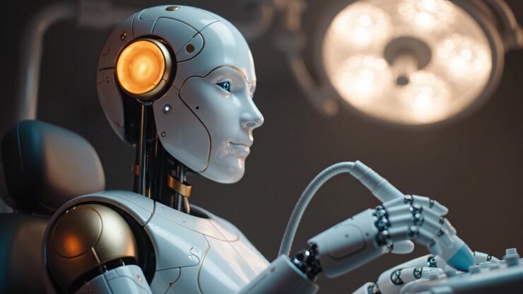 Dettagli intricati di un assistente robotico avanzato in una sala operatoria, che evidenziano la fusione di tecnologia e medicina in un ambiente clinico