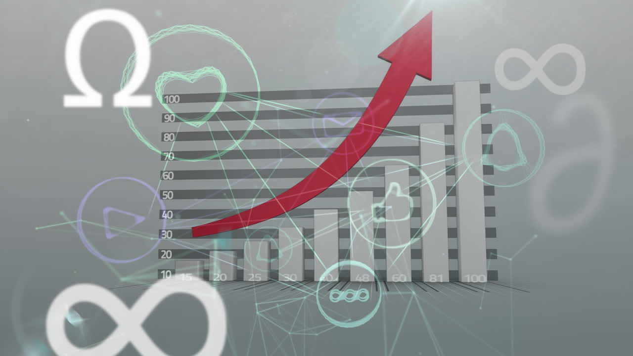 animación de símbolos matemáticos y una red de conexiones con iconos sociales flotantes