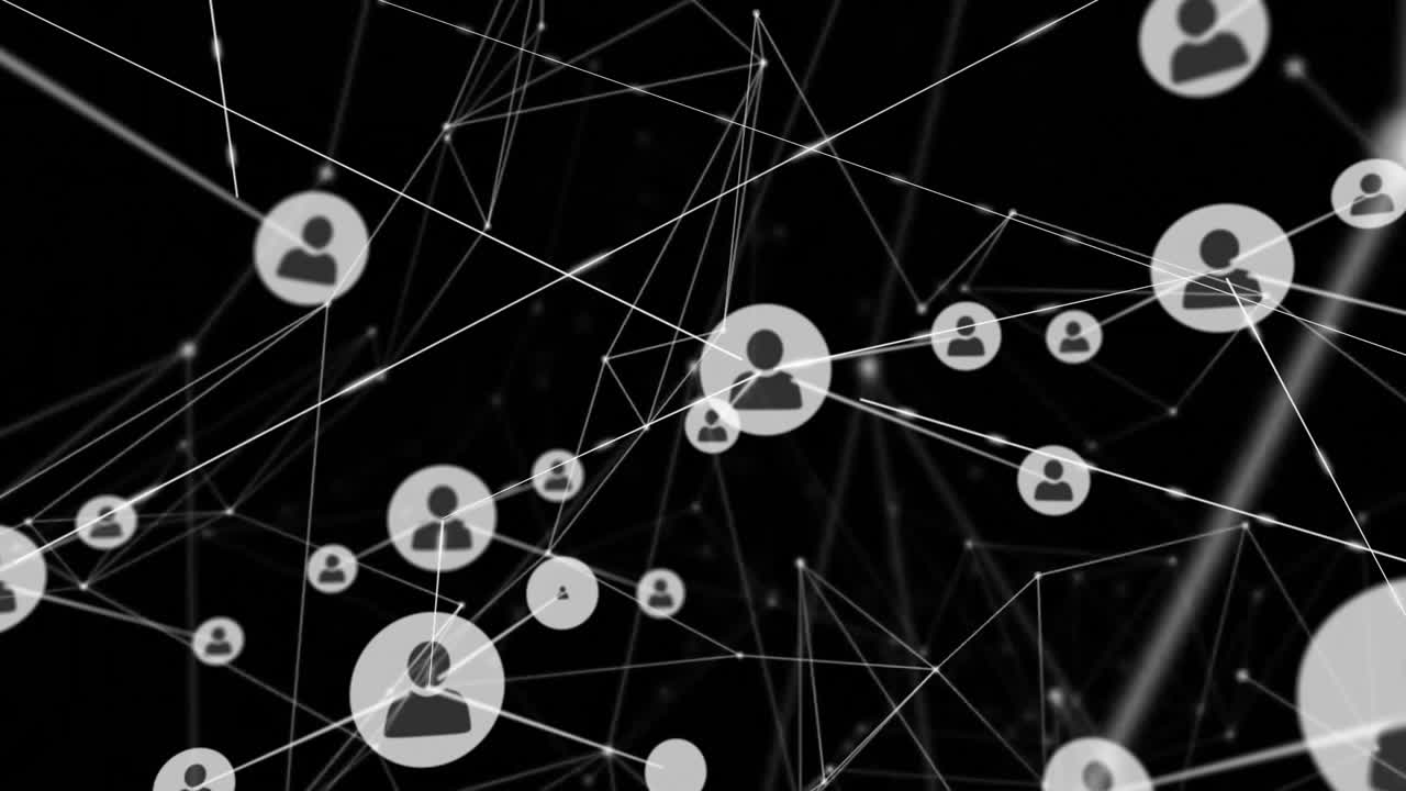 animación de la red de conexiones y iconos de usuario sobre fondo oscuro