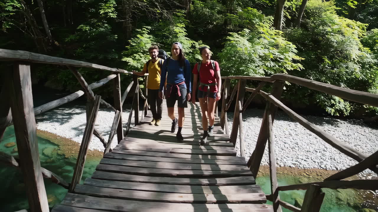 Hikers Crossing a Wooden Bridge in a Forest