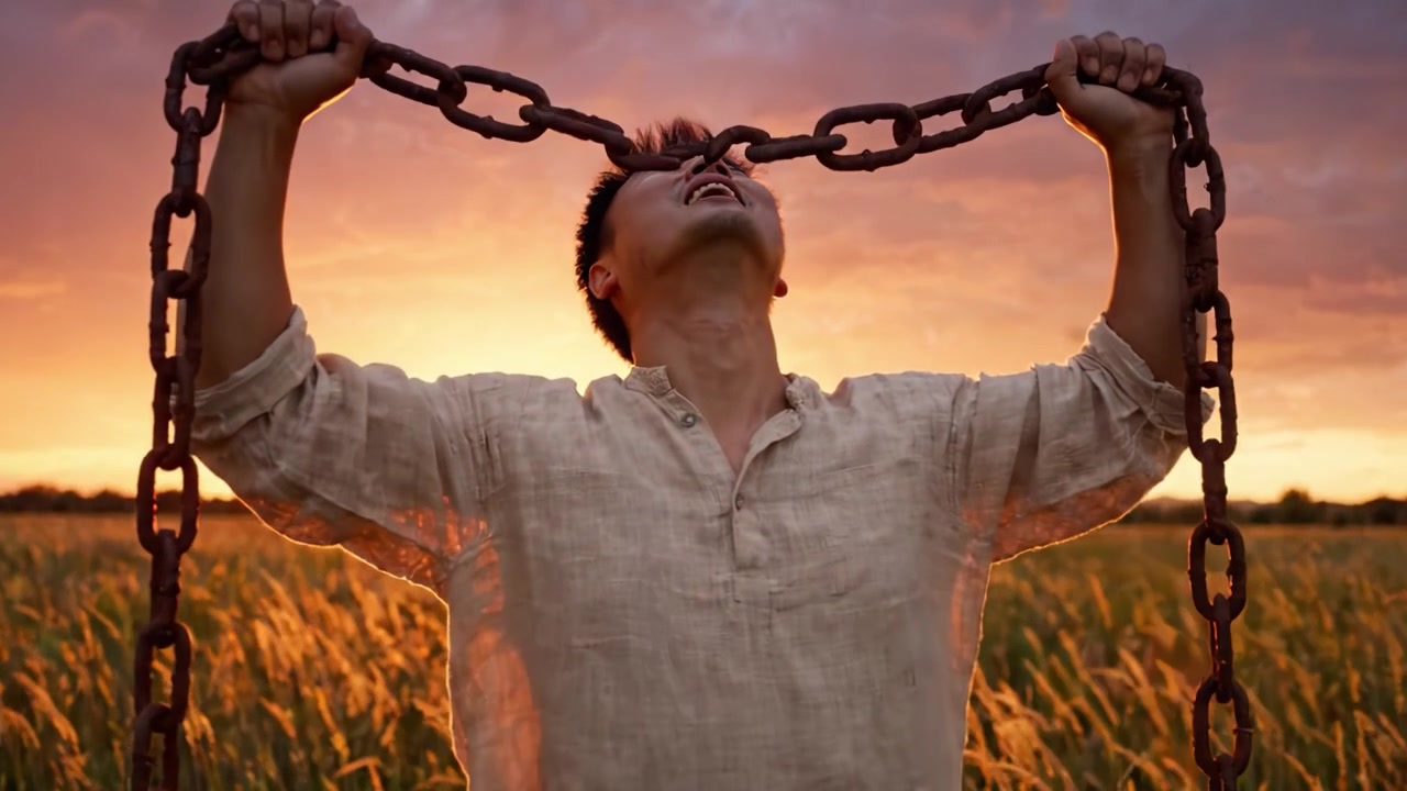 A Journey of Liberation: A Man Breaking Free from Chains Against a Dusk Sunset, Symbolizing Hope, Resilience, and New Beginnings in a Golden Field