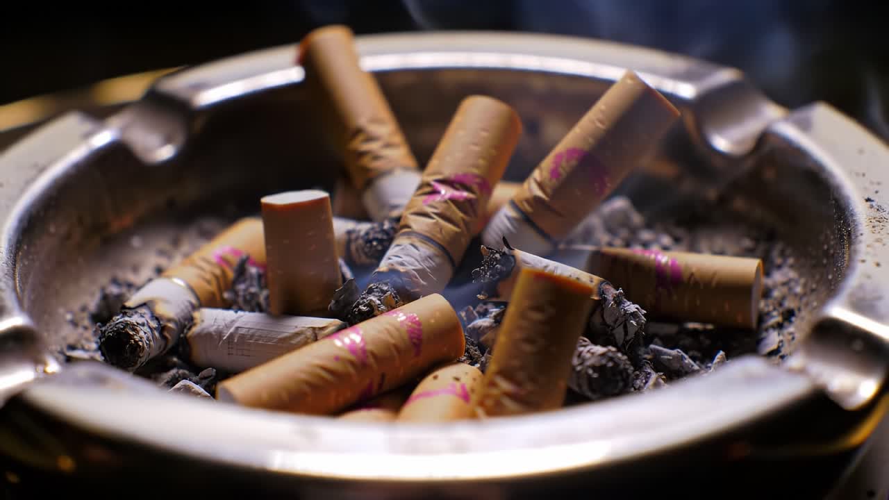 An Artistic Close-Up of Smoldering Cigarette Butts in an Ashtray: Capturing the Essence of Habits and the Passage of Time in a Gritty Setting