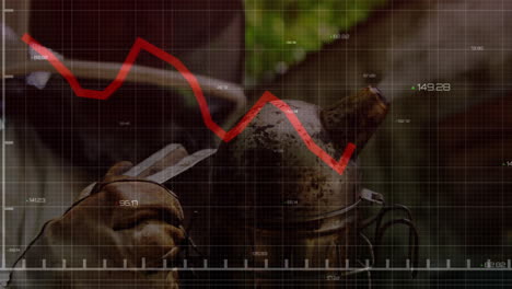 animación de declive del mercado de valores sobre una persona que sostiene un objeto metálico