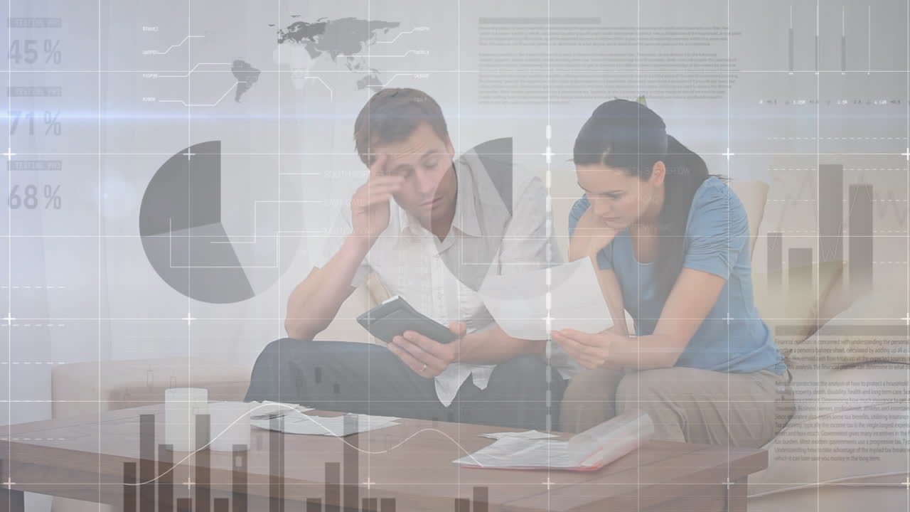 대화하는 백인 커플에 대한 데이터 처리 애니메이션