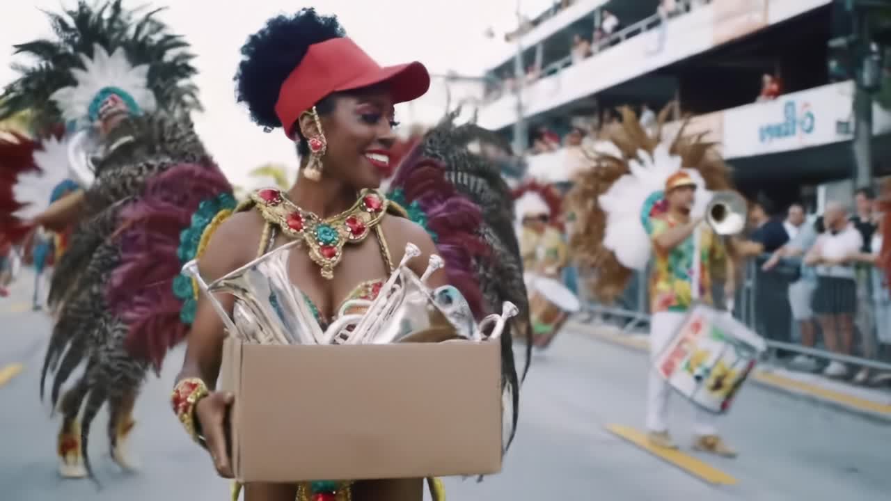 Vibrant Carnival Celebration Featuring Dancer with Glittering Costume and Gifts in Colorful Parade Setting