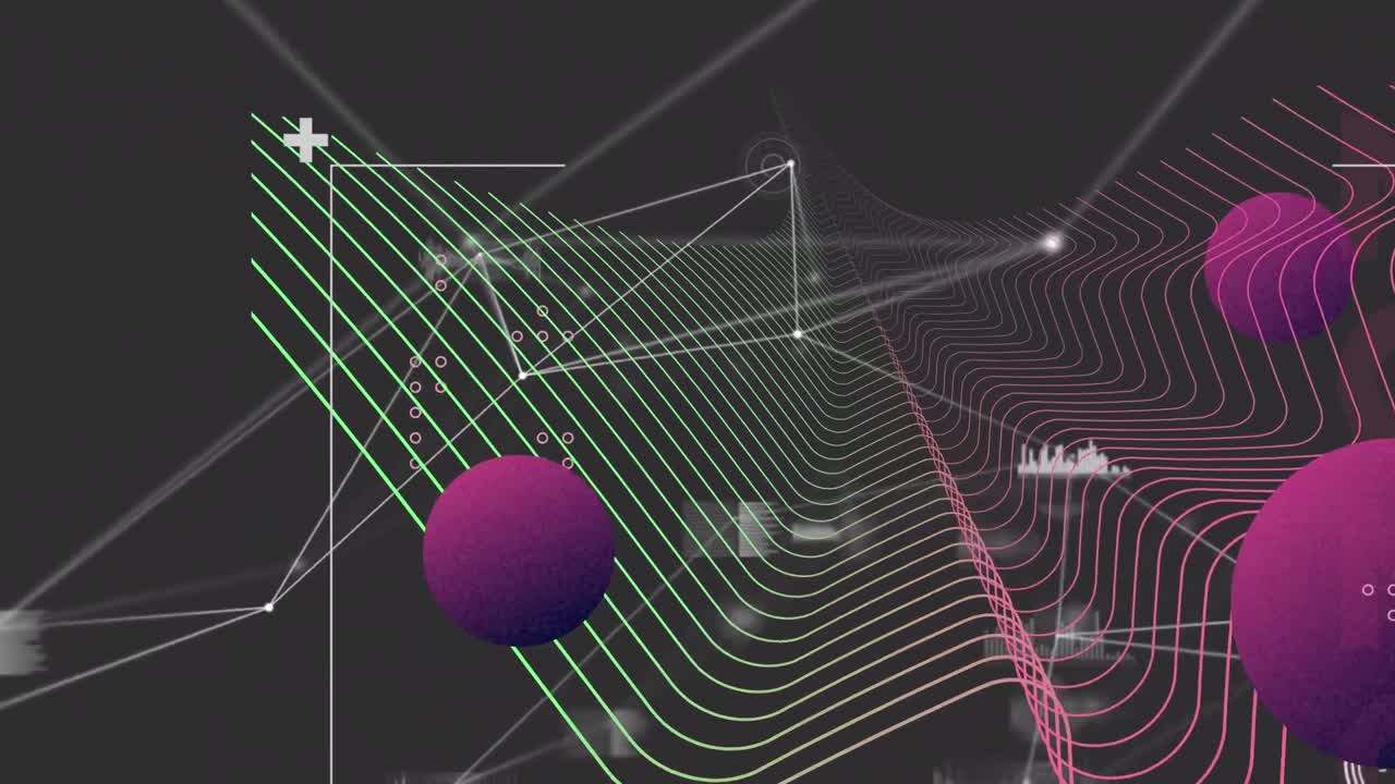Animation of shapes over network of connections and data processing on black background