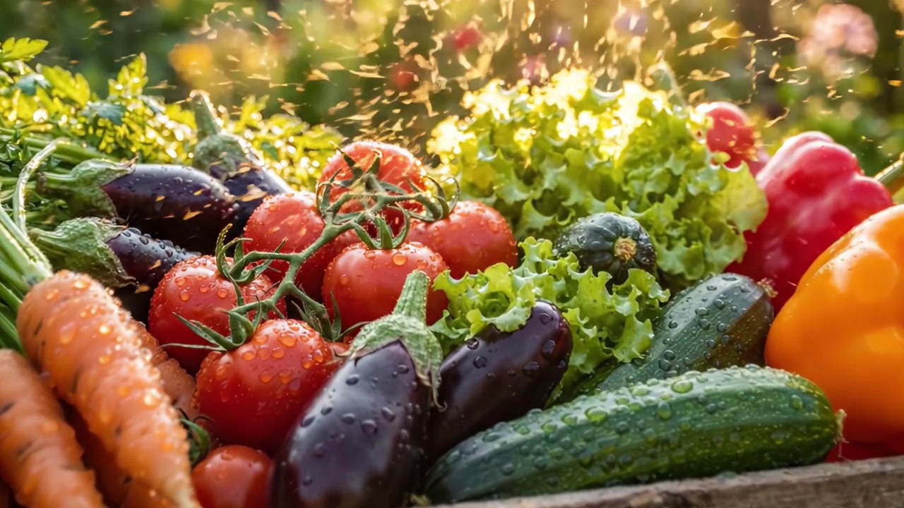 Una vibrante exhibición de verduras recién cosechadas: Una caja de madera rebosante de productos coloridos capturada bajo la gloriosa luz del sol.