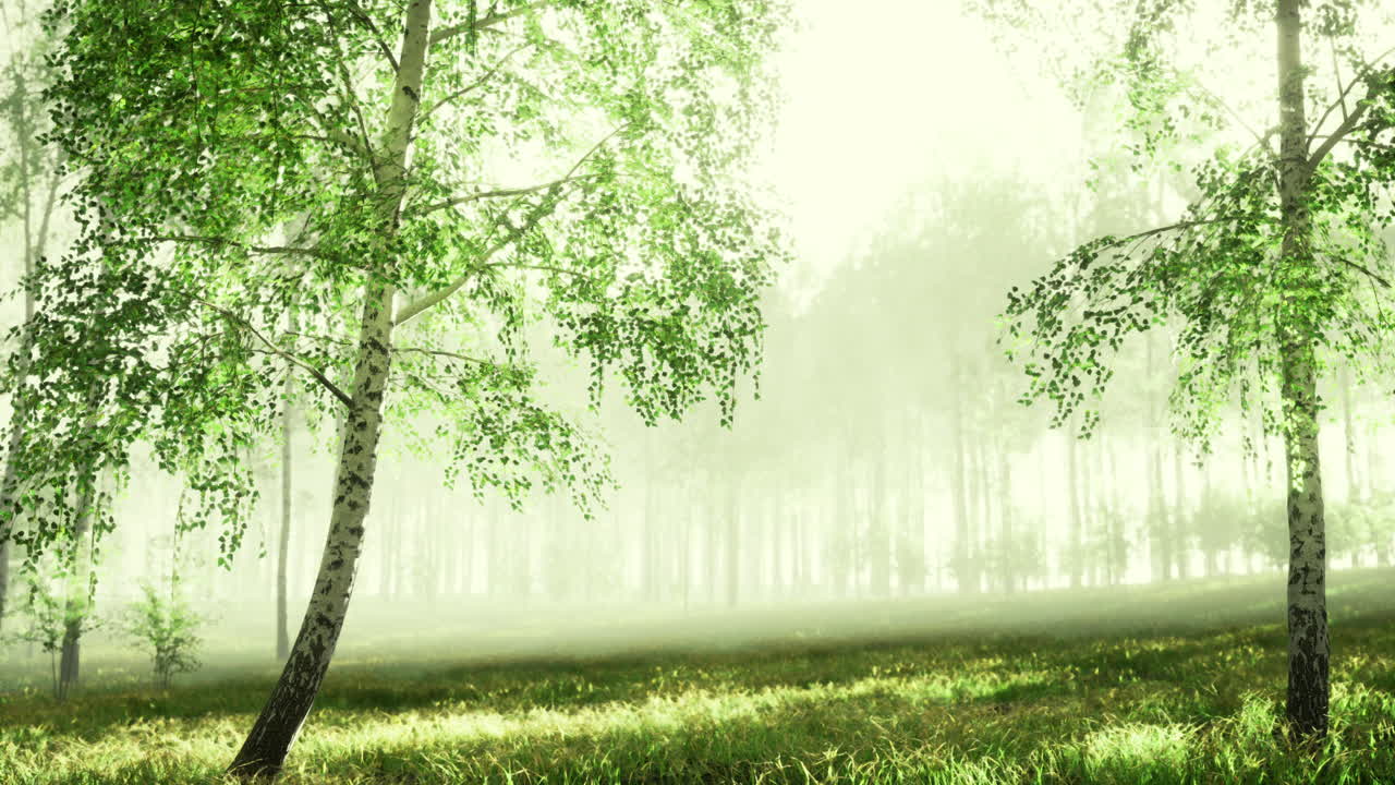 Tranquil forest setting with soft morning light and lush greenery