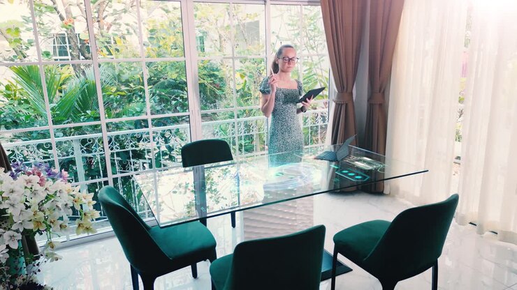 reunião virtual ou apresentação de design num escritório doméstico moderno