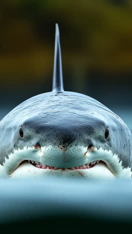 shark swimming near the water surface. large shark approaches the surface of the water with a focused expression in a clear ocean setting during daylight.