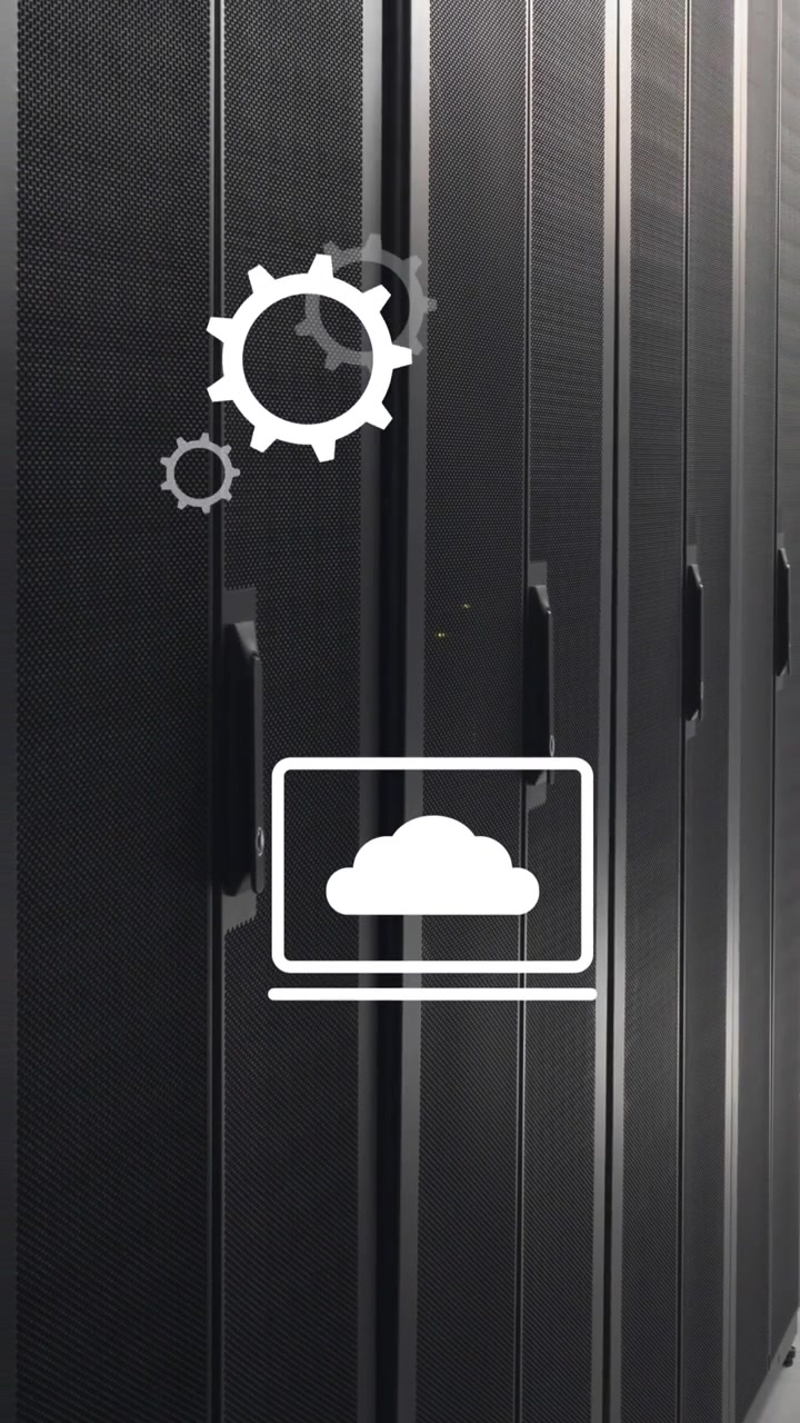 Animação de ícones digitais e processamento de dados sobre servidores de computador