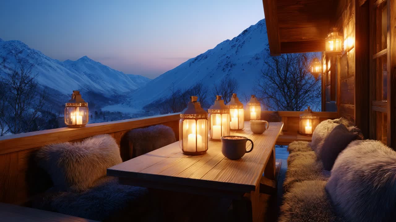 A Cozy Winter Evening Scene: A Mountain Cabin's Deck with Warm Lanterns Illuminating a Wooden Table Surrounded by Soft Textiles, Offering a Perfect Retreat in Snowy Landscape at Twilight