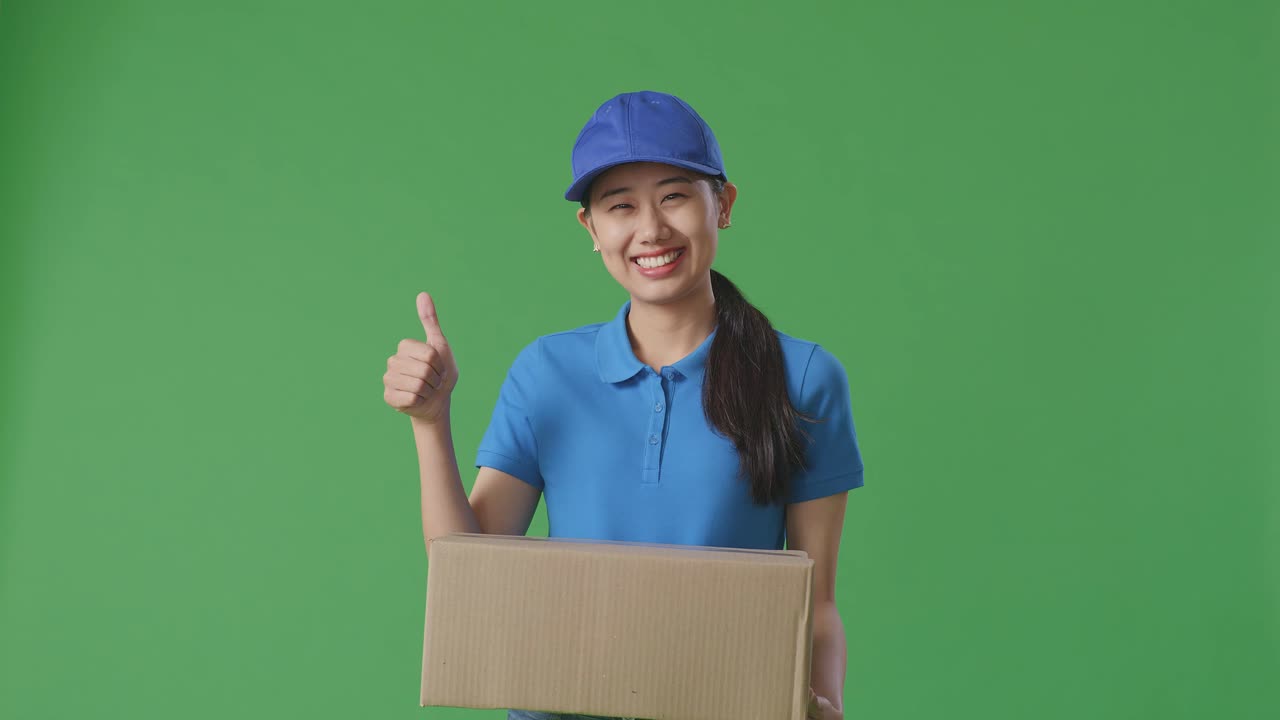 Asian Female Courier In Blue Uniform Showing Thumbs Up Gesture And Smiling While Delivering A Carton On Green Screen Background In The Studio