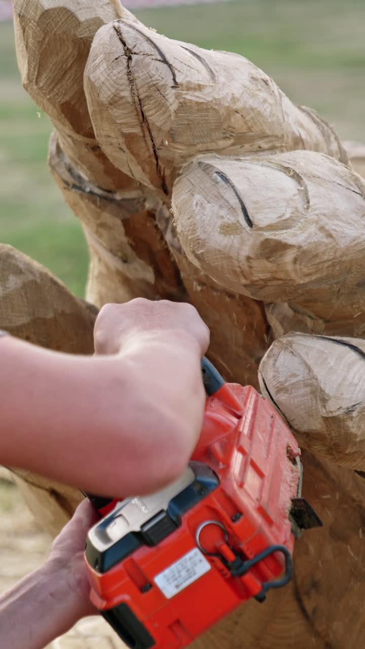 Arte con motosega che crea un uomo affascinante. Realizzazione di sculture in legno. Video verticale