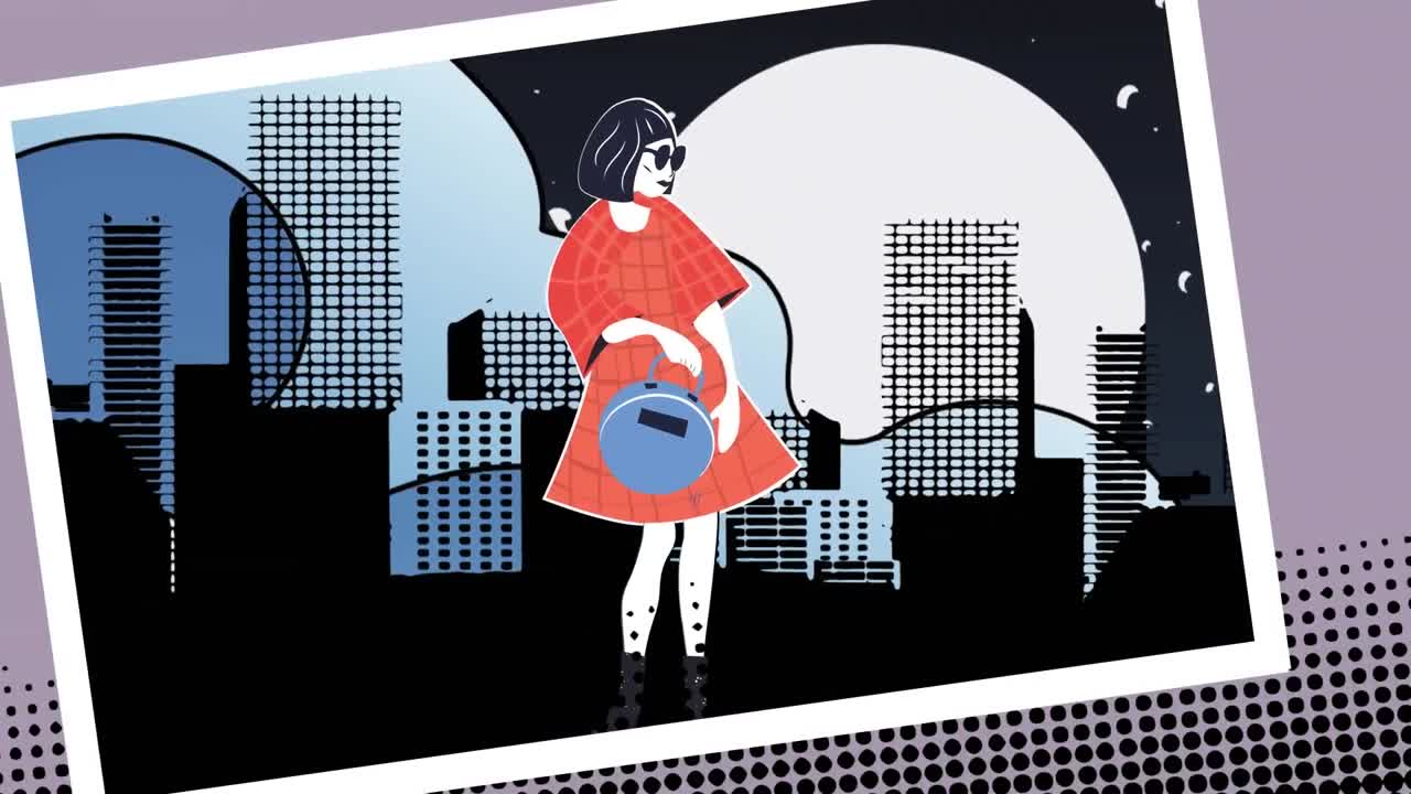 Animazione di un disegno di moda di una modella su paesaggio urbano