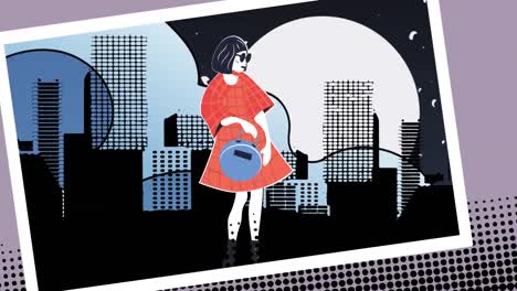 animación de dibujo de moda de modelo sobre el paisaje urbano