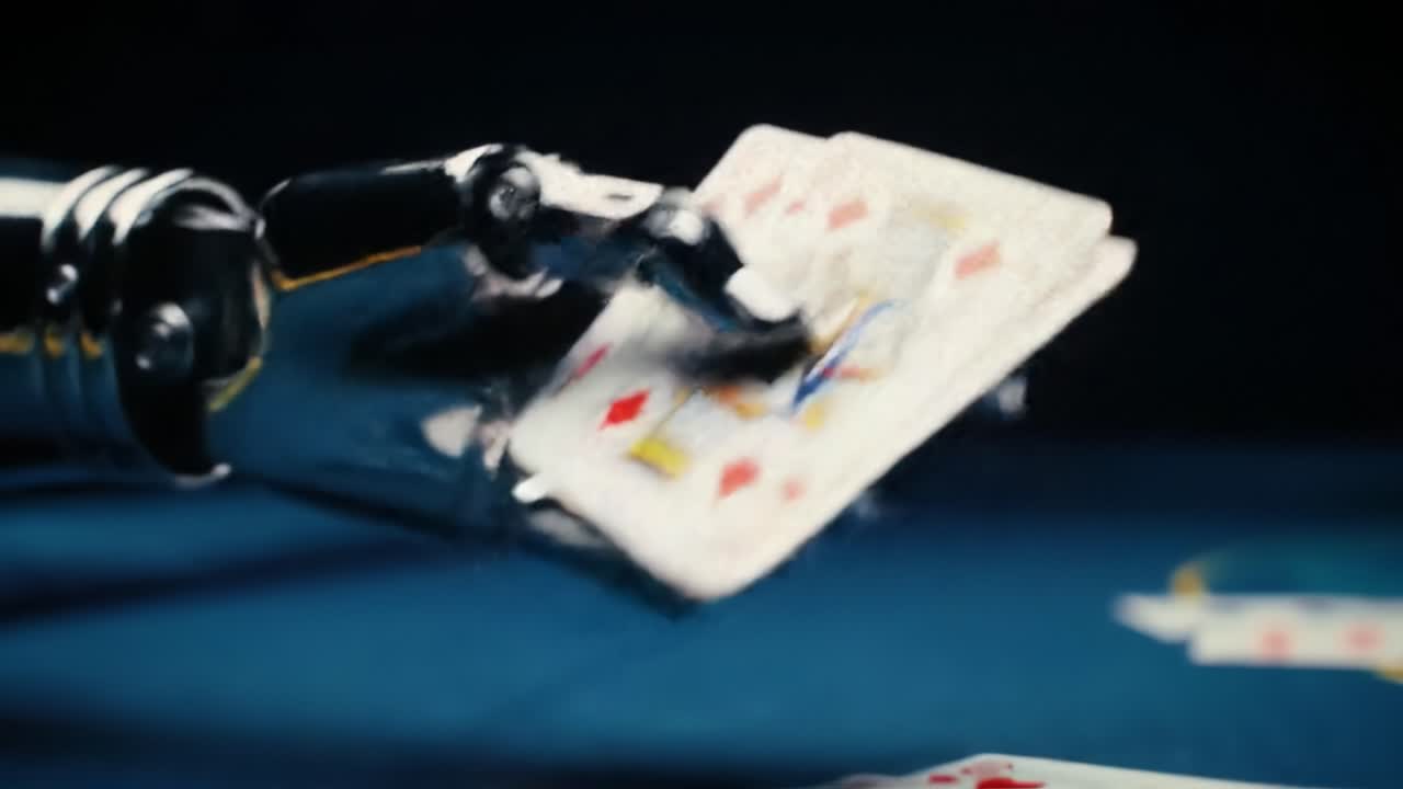 A robotic arm skillfully handles playing cards in an advanced casino. The setting exudes a modern vibe, showcasing technology in gaming. Excitement fills the air as players watch closely.