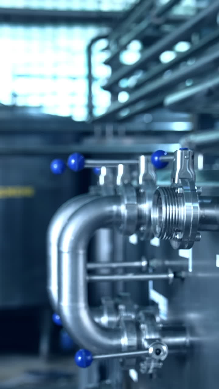 Pipes and levers at the diary plant. Complicated pipeline system in the factory. Huge steel tank in blur at the background. Vertical video
