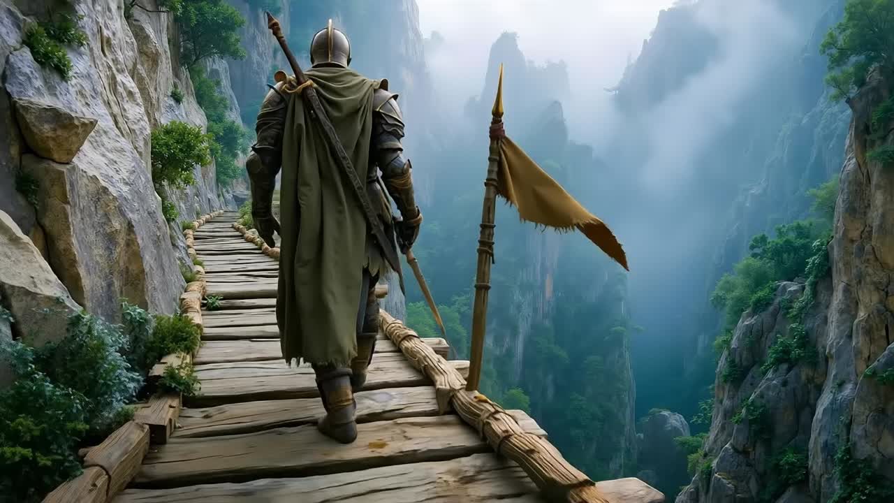 A man walking up a wooden walkway in the middle of a mountain