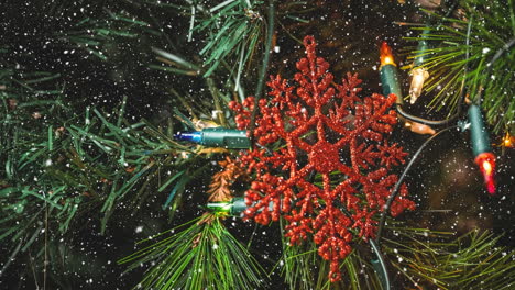 animation of snow falling over christmas tree and decorations