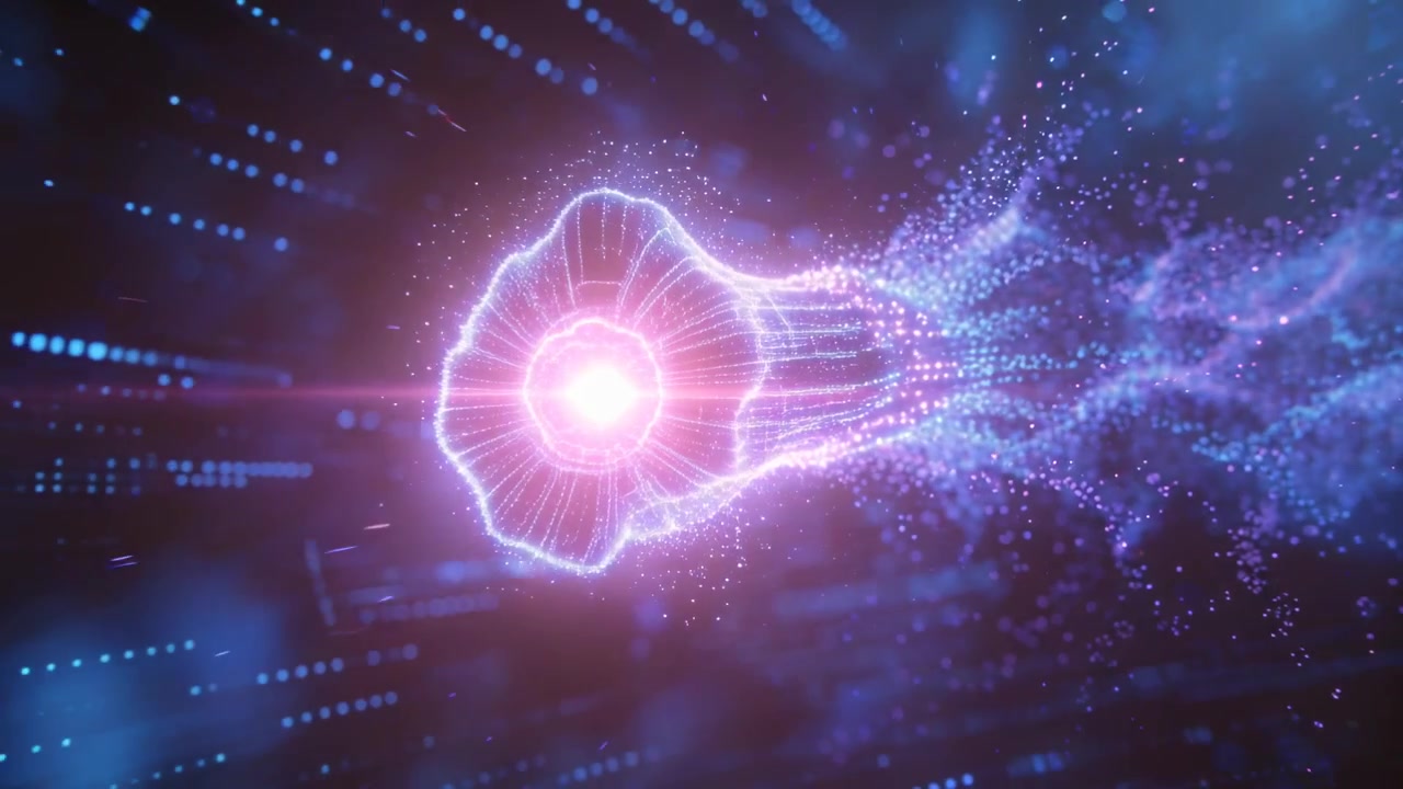 Nucleo luminoso che pulsa e un guscio a coste in crescita attraverso un tunnel di dati, con una scia che si sposta verso destra.
