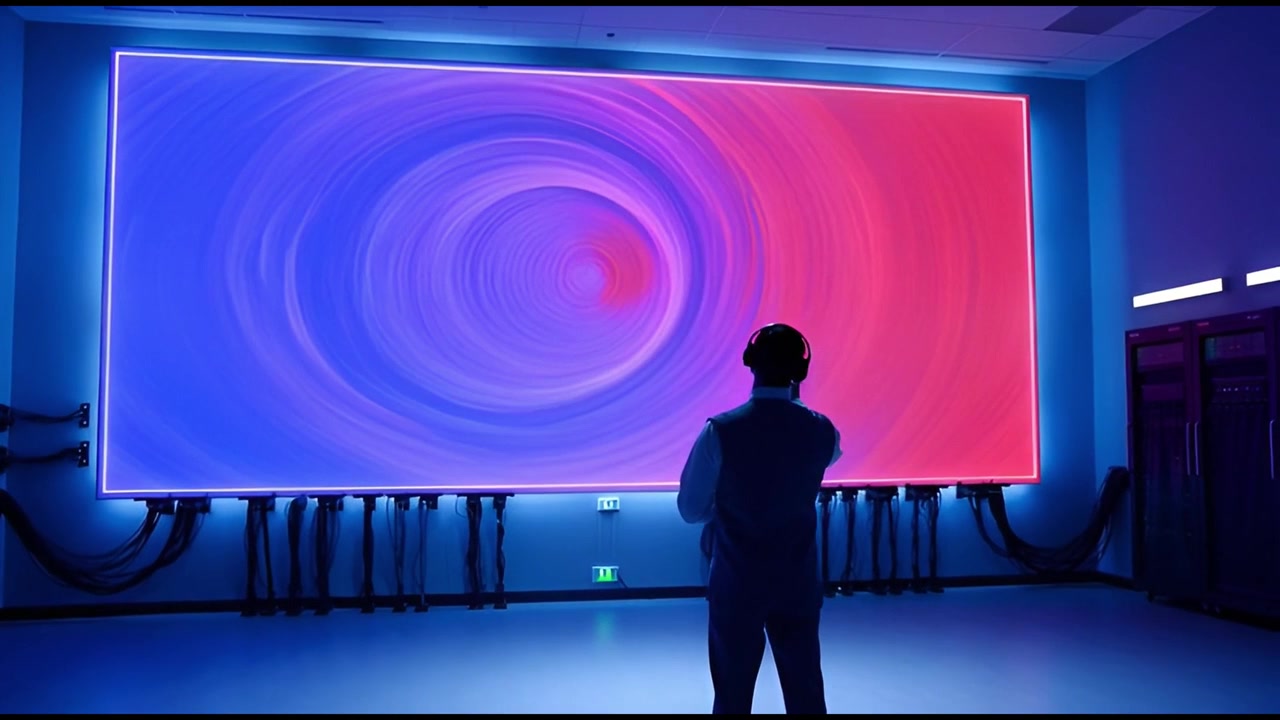 Man in Headphones Interacting with Large Futuristic Screen Displaying Abstract Vortex