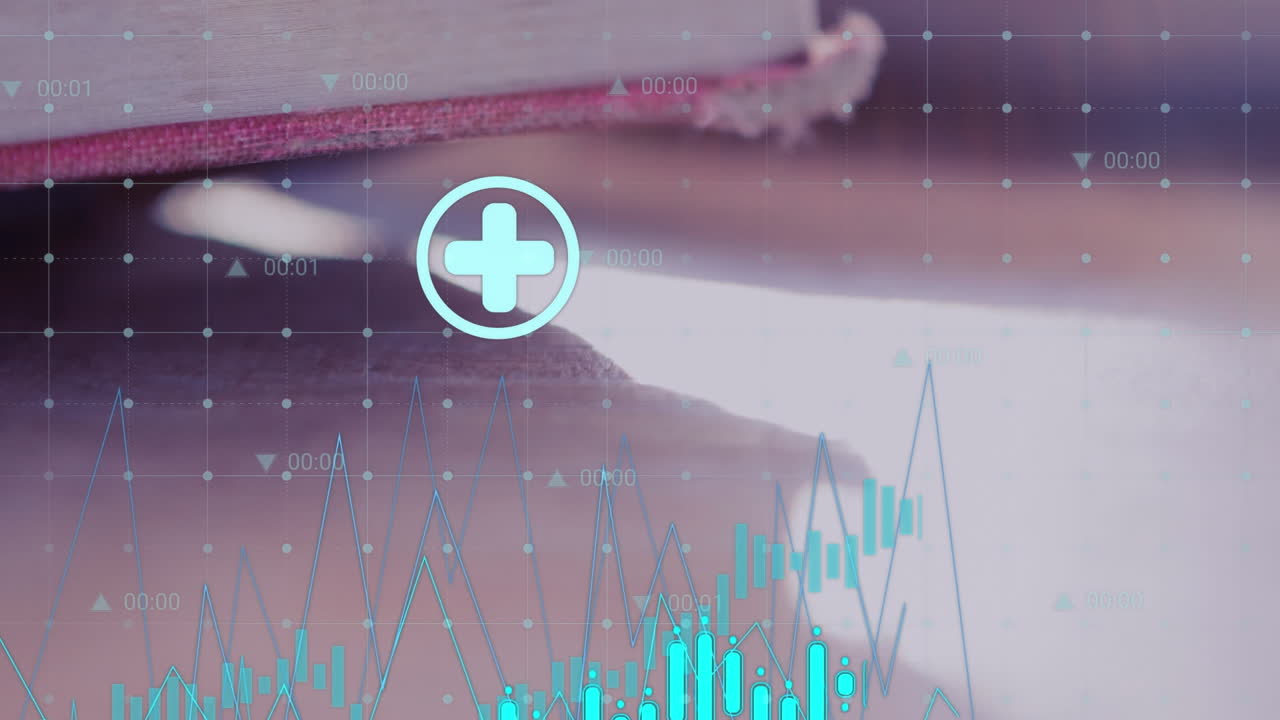 animación de iconos de computadora sobre múltiples gráficos y tablero de negociación contra el libro recortado