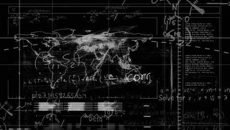 animation of data processing with mathematical equations on black background