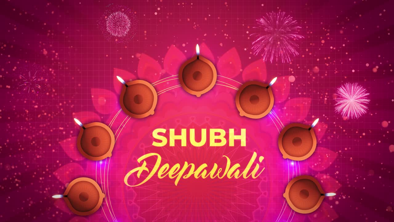 Beautiful happy diwali greeting card with lamp and rangoli loop background festival of lights oil