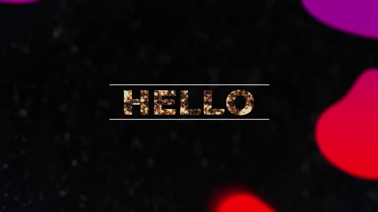 animación de texto de saludo sobre formas en fondo negro.