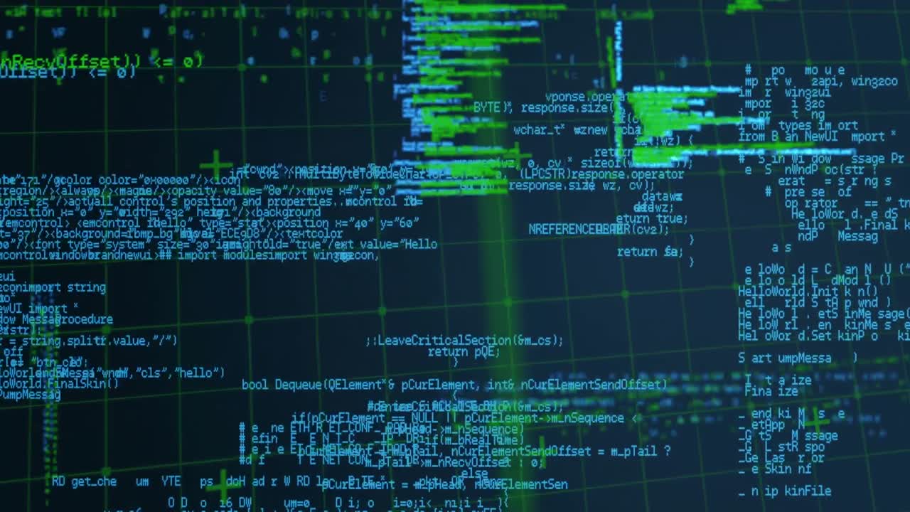 Animation of green shapes over data processing on black background