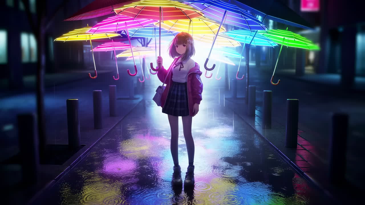 Ombrelli al neon illuminano una strada cittadina piovosa, studente asiatico sta sotto ombrelli luminosi multicolori, pozzanghera