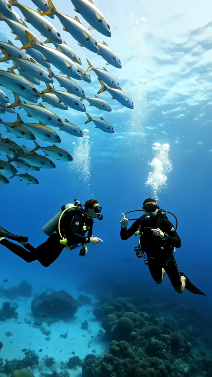 Scuba Divers Encounter a School of Fish in Clear Blue Ocean Waters