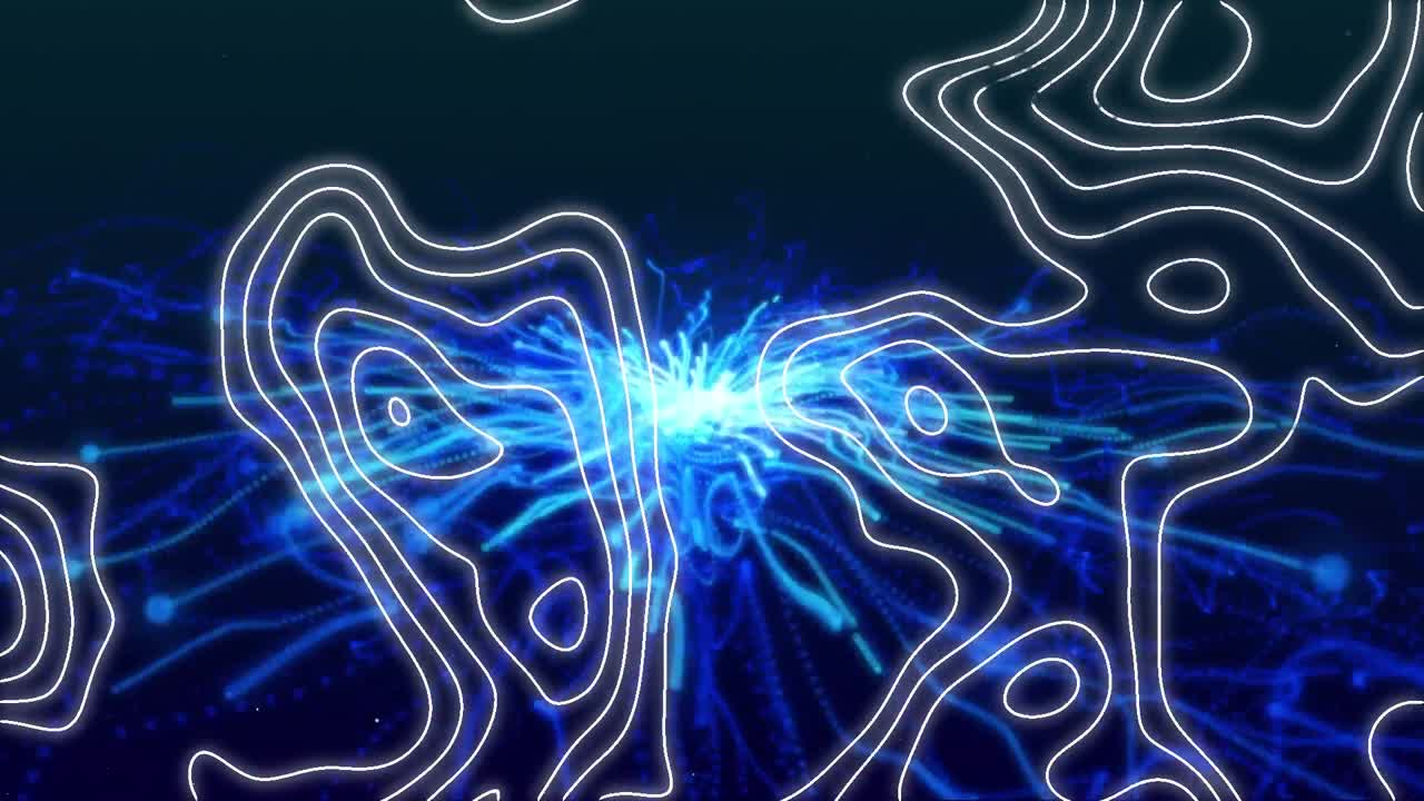 Animation of white contour lines over glowing blue electric currents on black background