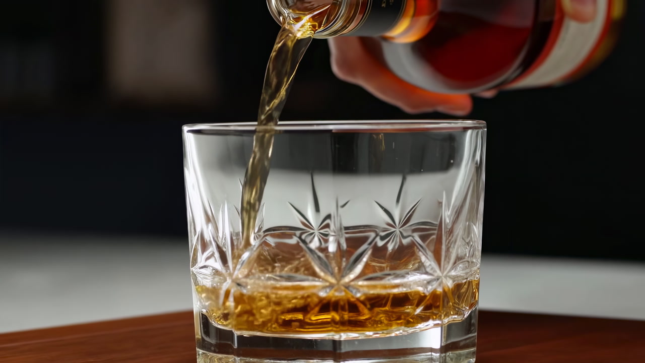Close Up Glass Whiskey Being Poured From Bottle Over Wooden Table, Hand Visible, Crystal Cut Glass Catching